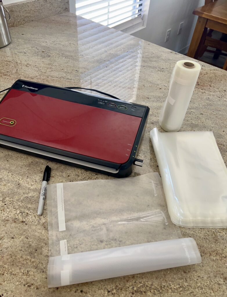Vacuum sealing food at home as part of a simple emergency pantry system for preserving and extending shelf life of stored food.