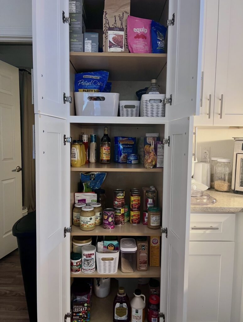 Everyday home pantry with basic food staples used for weekly meal preparation.