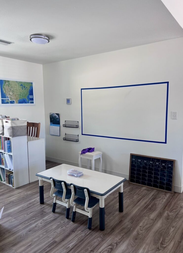 Homeschool room in progress during back-to-school homeschool preparation and home organization.