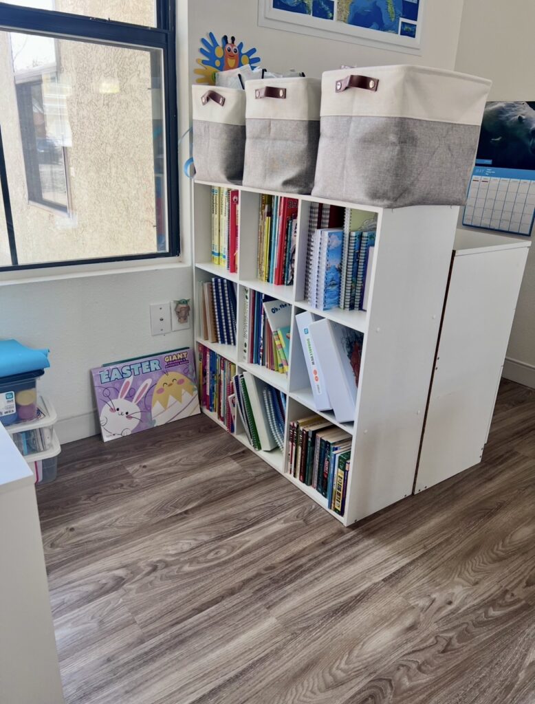 Homeschool books, library baskets, and storage bins organized for the upcoming homeschool year.