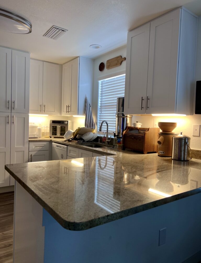 Clean and organized kitchen at the end of the day after an evening reset routine.